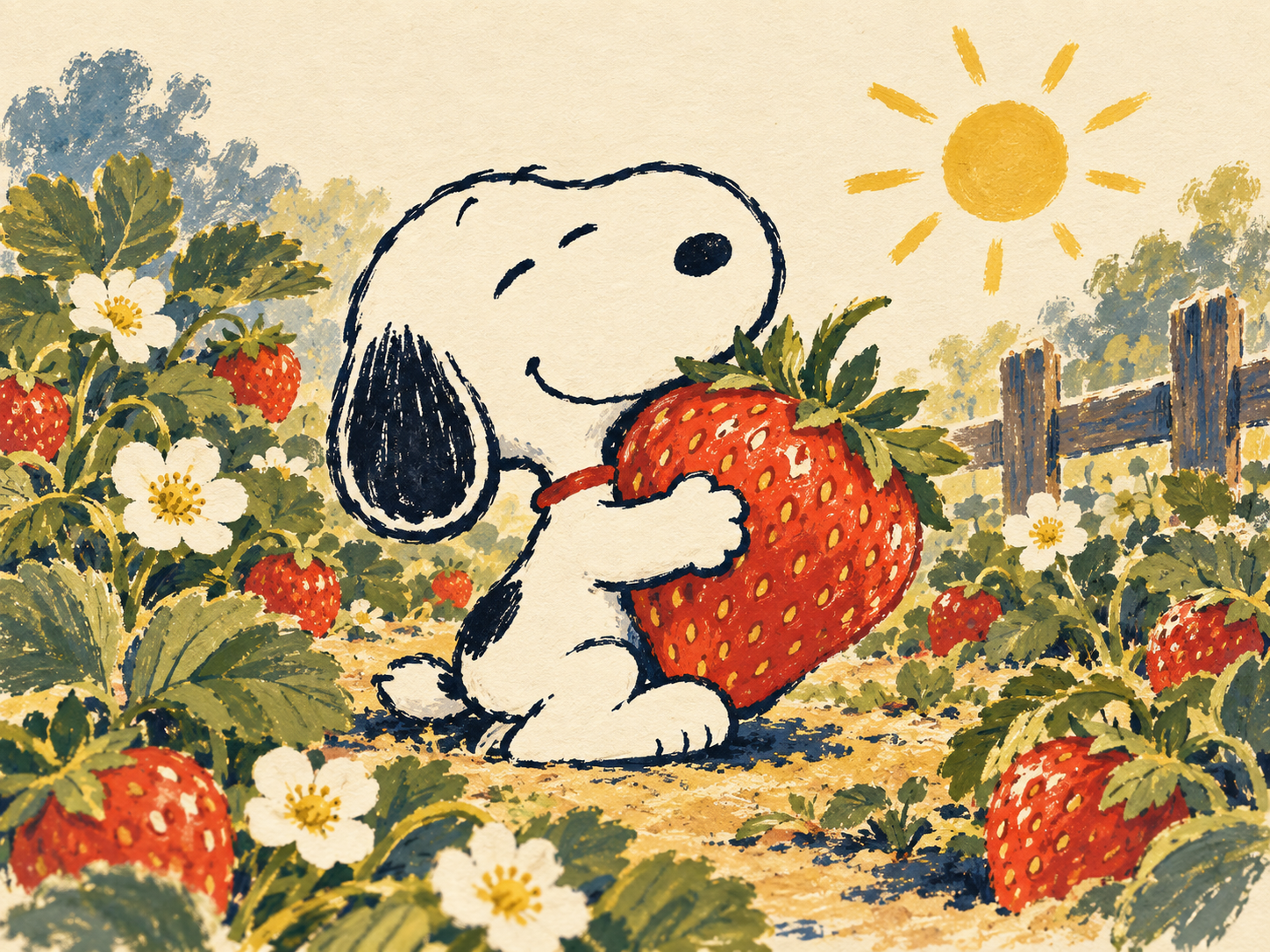 Snoopy 抱着红草莓坐在草莓花田中，背景是金色太阳；创作插画，非商品实拍