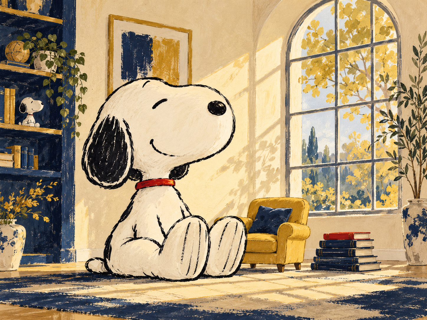 Snoopy 坐在有大窗、书架、书堆和金色扶手椅的室内，阳光洒入房间；创作插画，非商品实拍