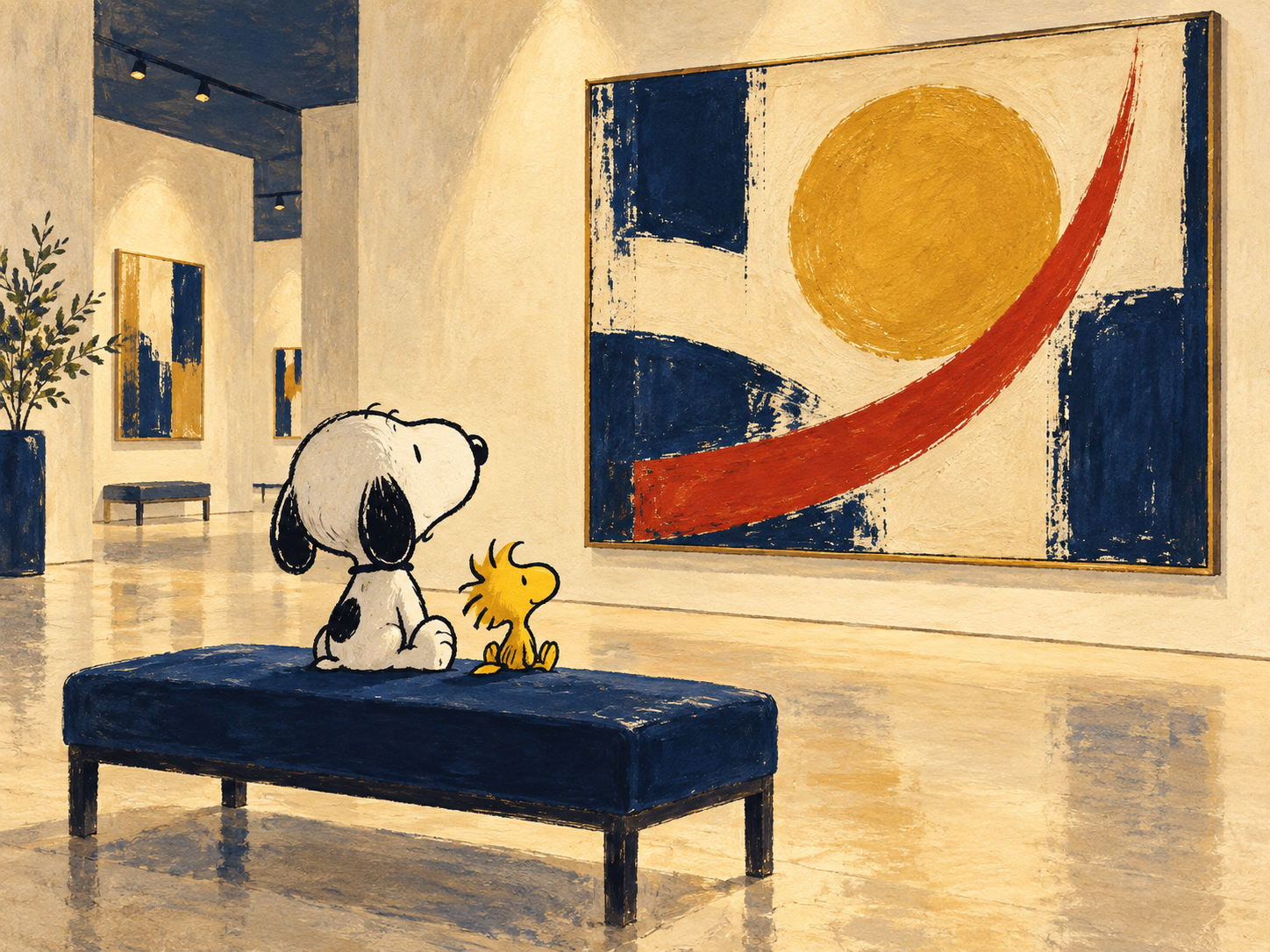 Snoopy 与 Woodstock 坐在画廊长凳上欣赏金色圆形、红色弧线与深蓝色块组成的抽象画；原创画廊主题插画，不是原作复刻
