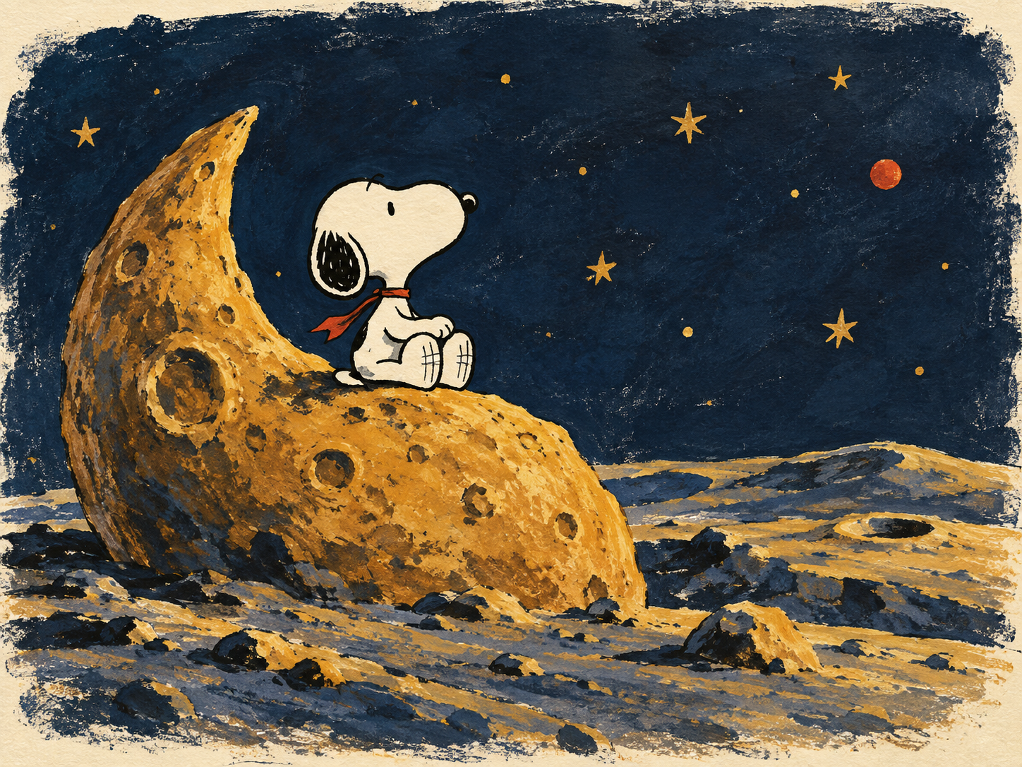 Snoopy 戴红围巾坐在金色弯月上，四周是深蓝星空；主题创作插画，非商品实拍