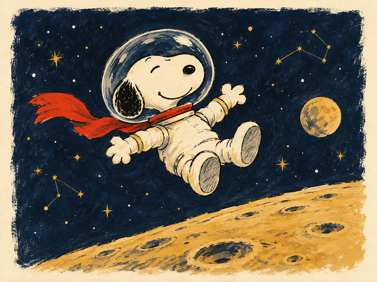 Snoopy 穿白色宇航服、戴透明头盔和红围巾，在金色月面上方漂浮；创作插画，非商品实拍