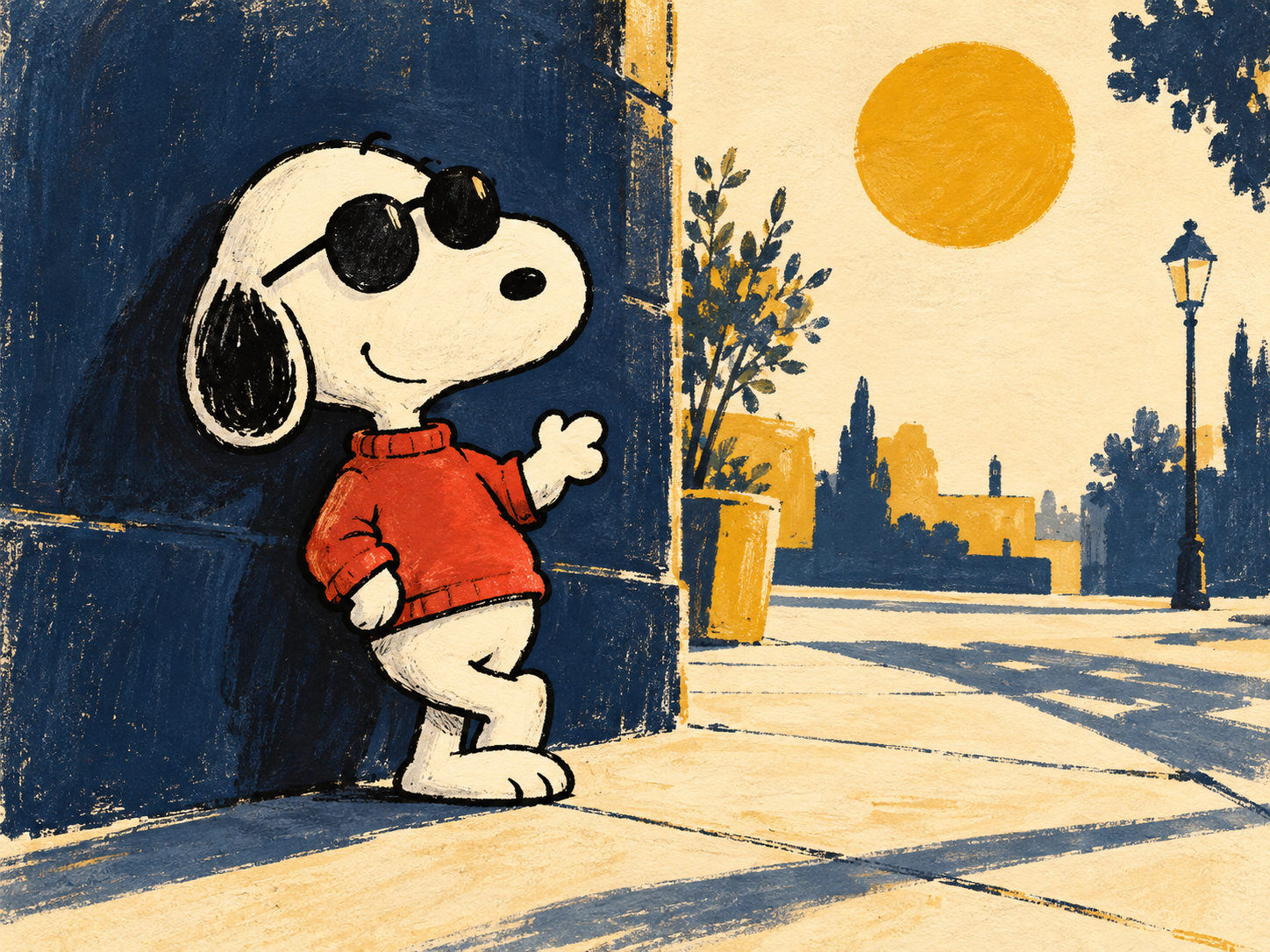 Snoopy 戴黑色墨镜、穿红色上衣倚在深蓝门廊旁，背景有金色夕阳与路灯；创作插画，非商品实拍