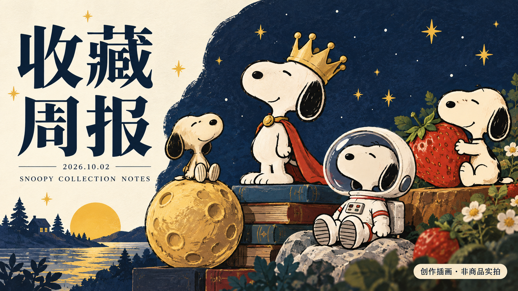 本期收藏主题创作插画:月亮、王冠、宇航服与草莓意象中的 Snoopy;非商品实拍