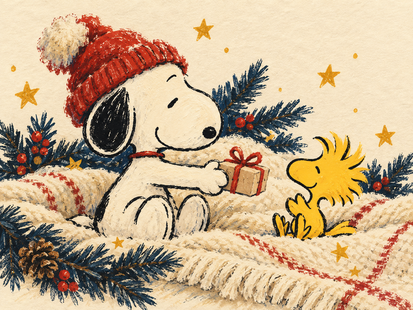 Snoopy 戴红色绒球帽、拿着礼物盒，与 Woodstock 坐在松枝和毛毯之间；圣诞主题创作插画，非商品实拍