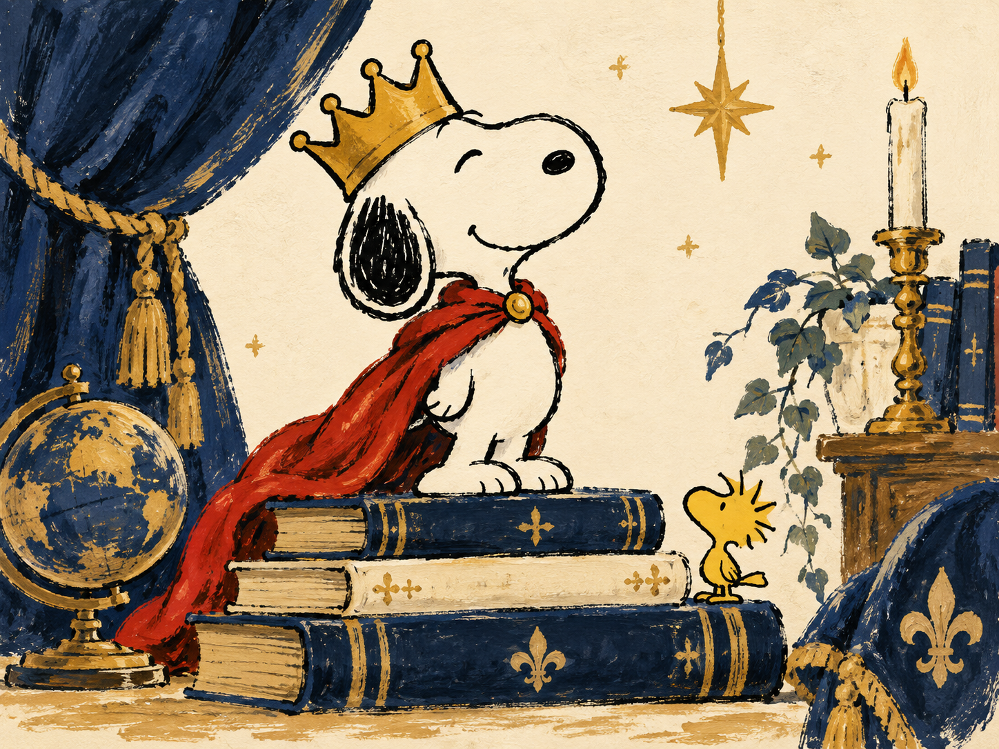 Snoopy 戴金色王冠和红披风坐在书堆上，Woodstock 在一旁，背景有蓝色帷幔与烛台；创作插画，非商品实拍